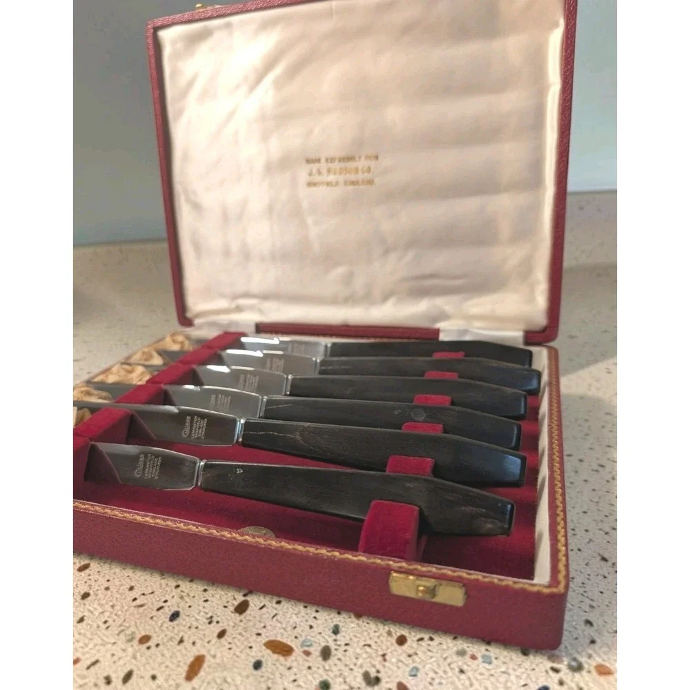MCM Sheffield England JL Hudson 6 Steak Knife Buffalo Horn Handle Original Box